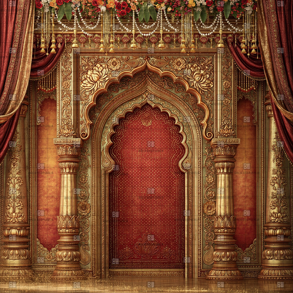 Imperial Red Silk Gateway Ganesh Decoration Printed Backdrop