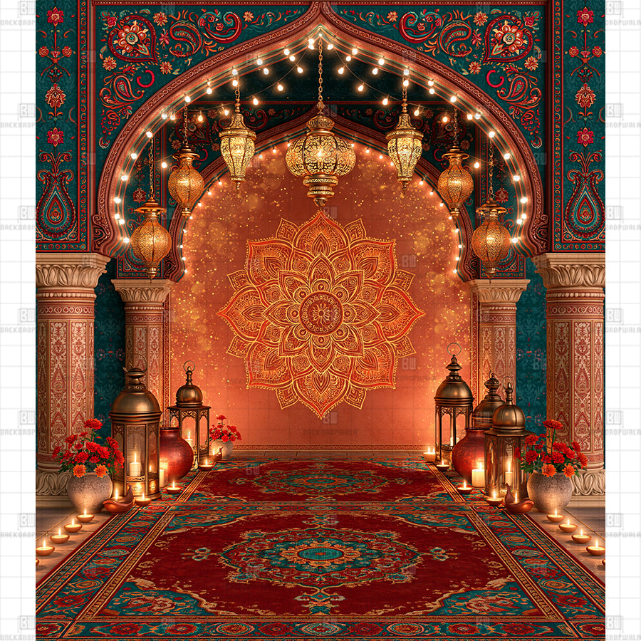 The Celestial Amber Sanctum of Filigree Lanterns Printed Diwali Backdrop