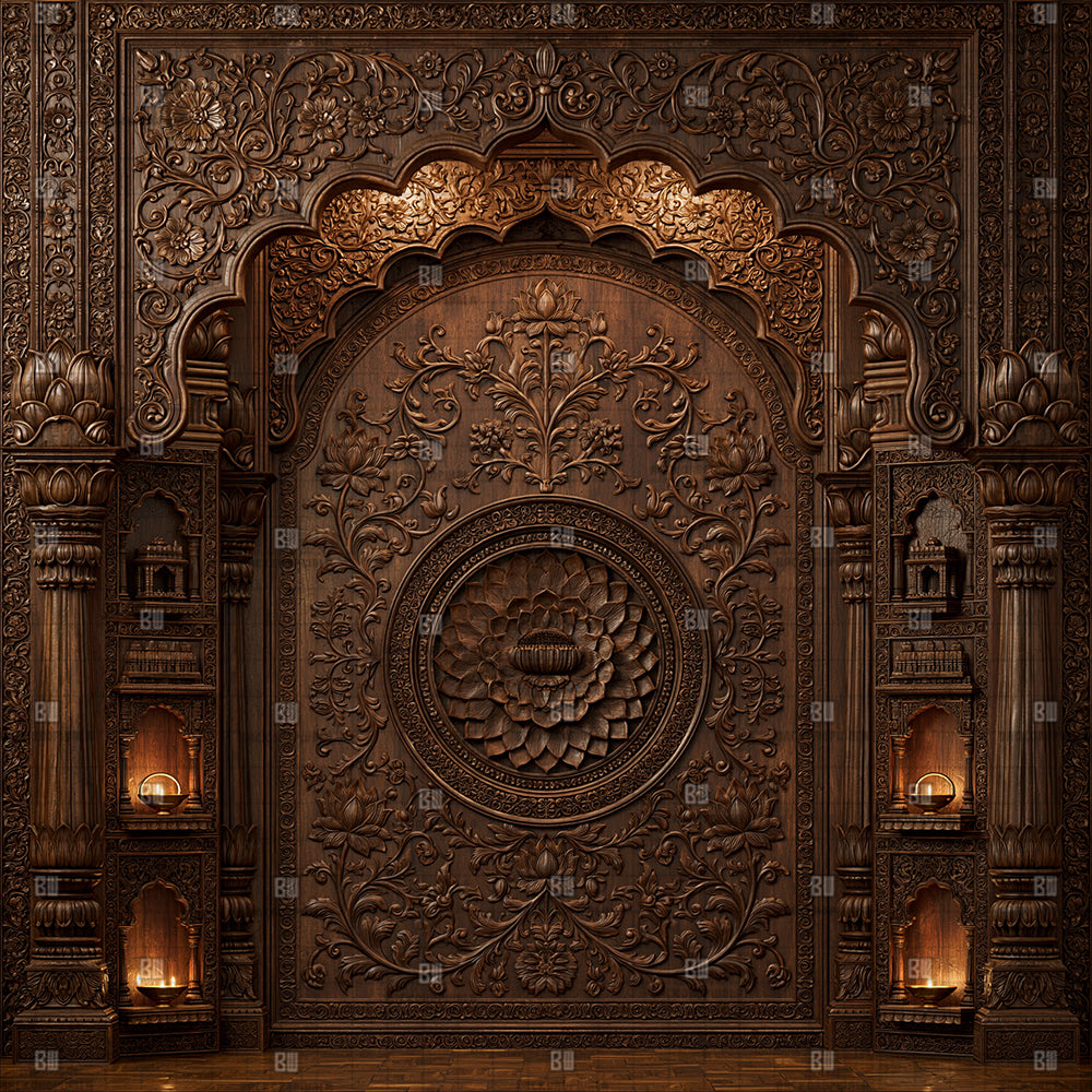 Royal Carved Wood Mandap Ganesh Decoration Printed Backdrop