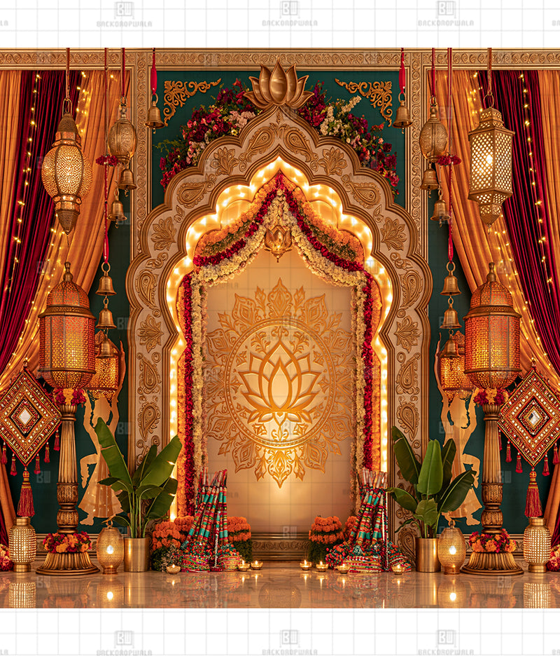 Divine Golden Lotus Glow Navratri Decoration Backdrop