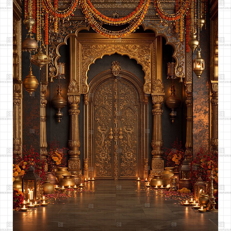Ornate Gold Leaf Double Doorway Printed Diwali Backdrop