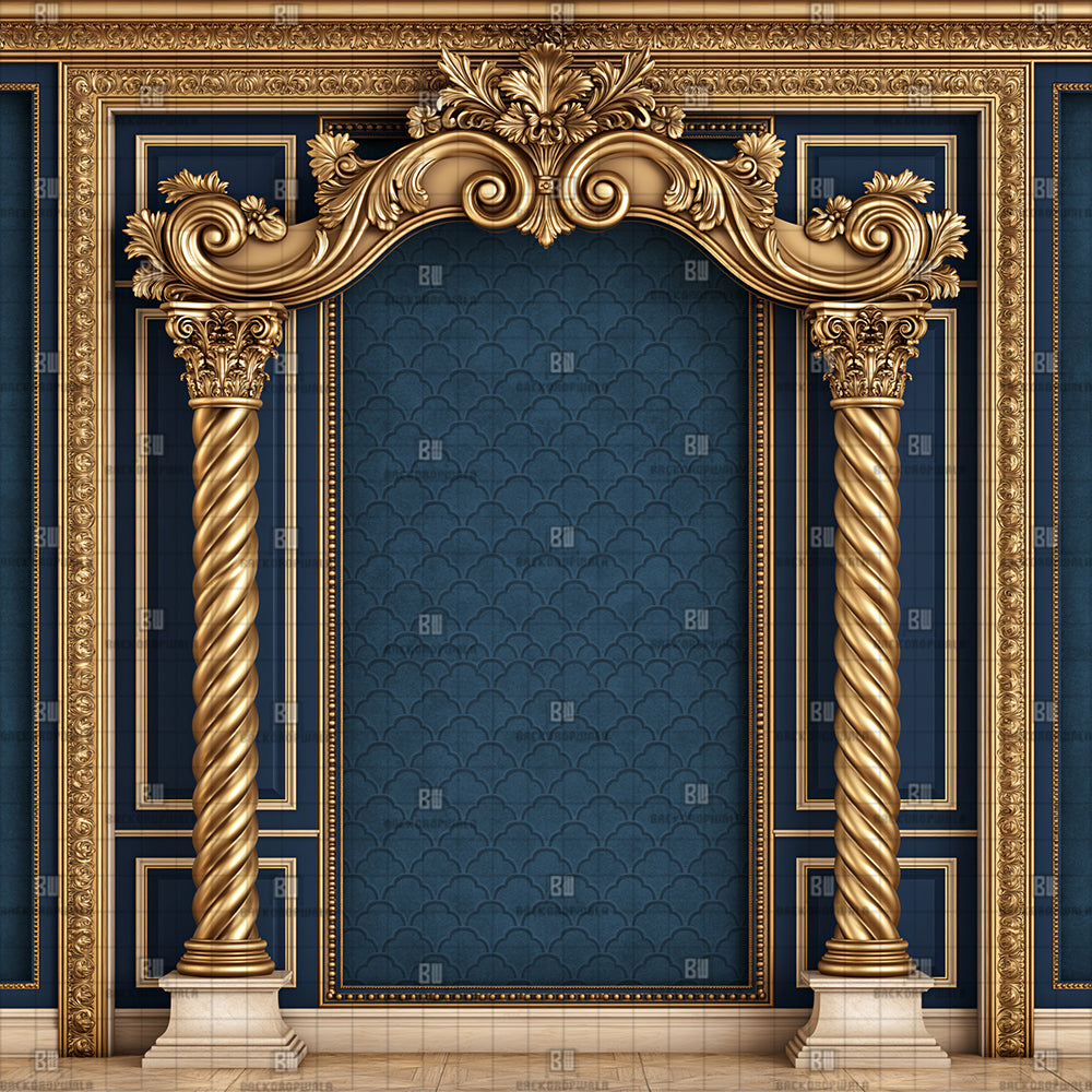 Royal Blue Baroque Arch Ganesh Decoration Printed Backdrop