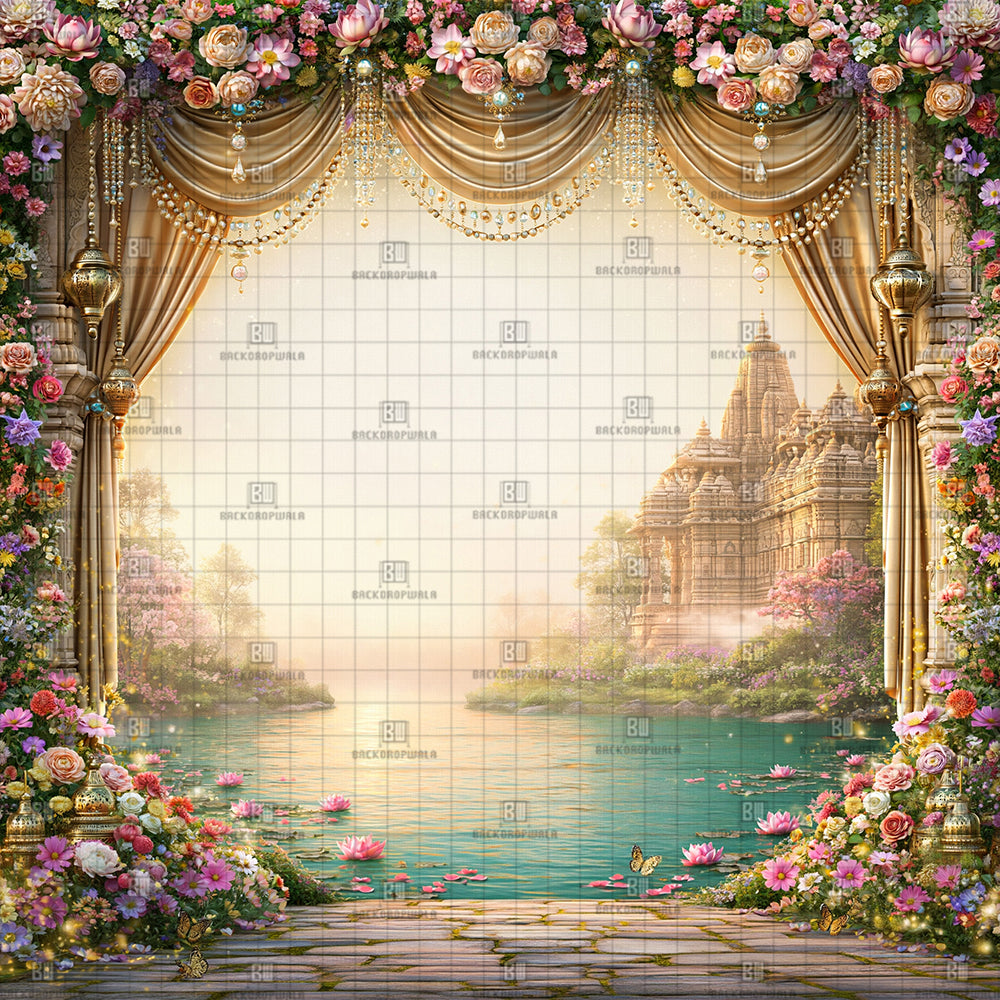 Heavenly Lotus Lake Stage Ganesh Decoration Printed Backdrop