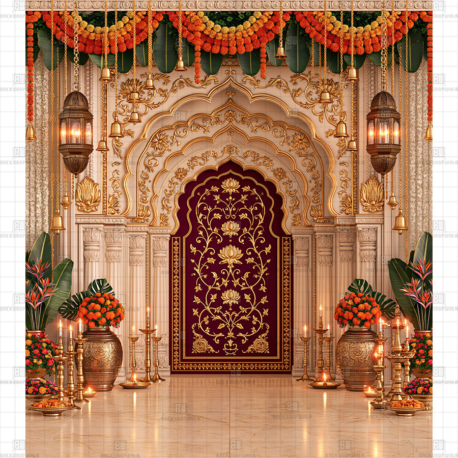 Indian Festive Stage with Brass Urns & Samai Printed Diwali Decoration Backdrop
