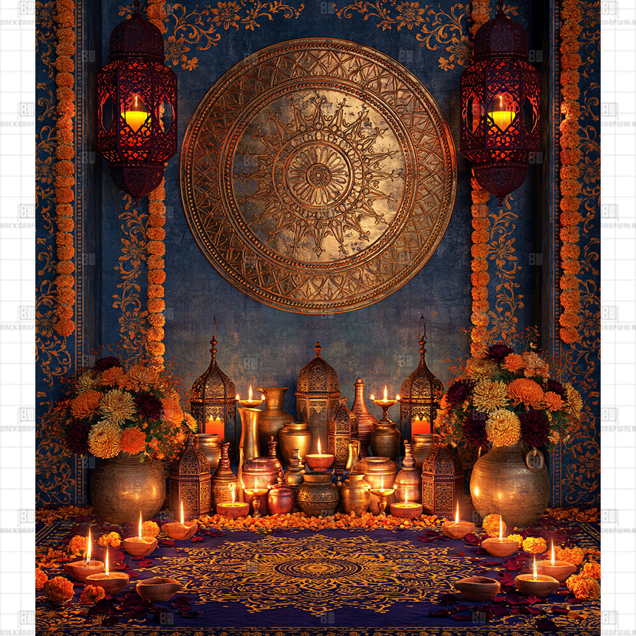 Deep Blue Haveli Alcove with Marigold Toran Printed Diwali Baby Backdrop