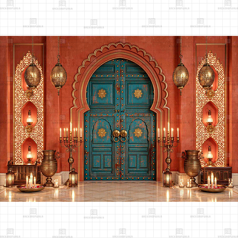 Shahi Turquoise Dwar in Pink City Palace Printed Diwali Baby Backdrop