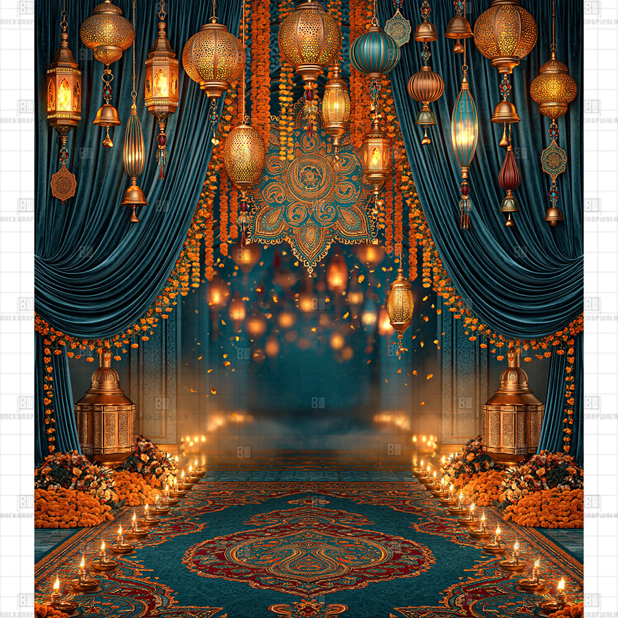Maharaja Velvet Lantern Stage Printed Diwali Backdrop