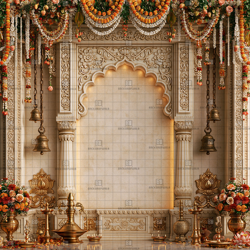 Divine Ivory Temple Mandap Ganesh Decoration Printed Backdrop