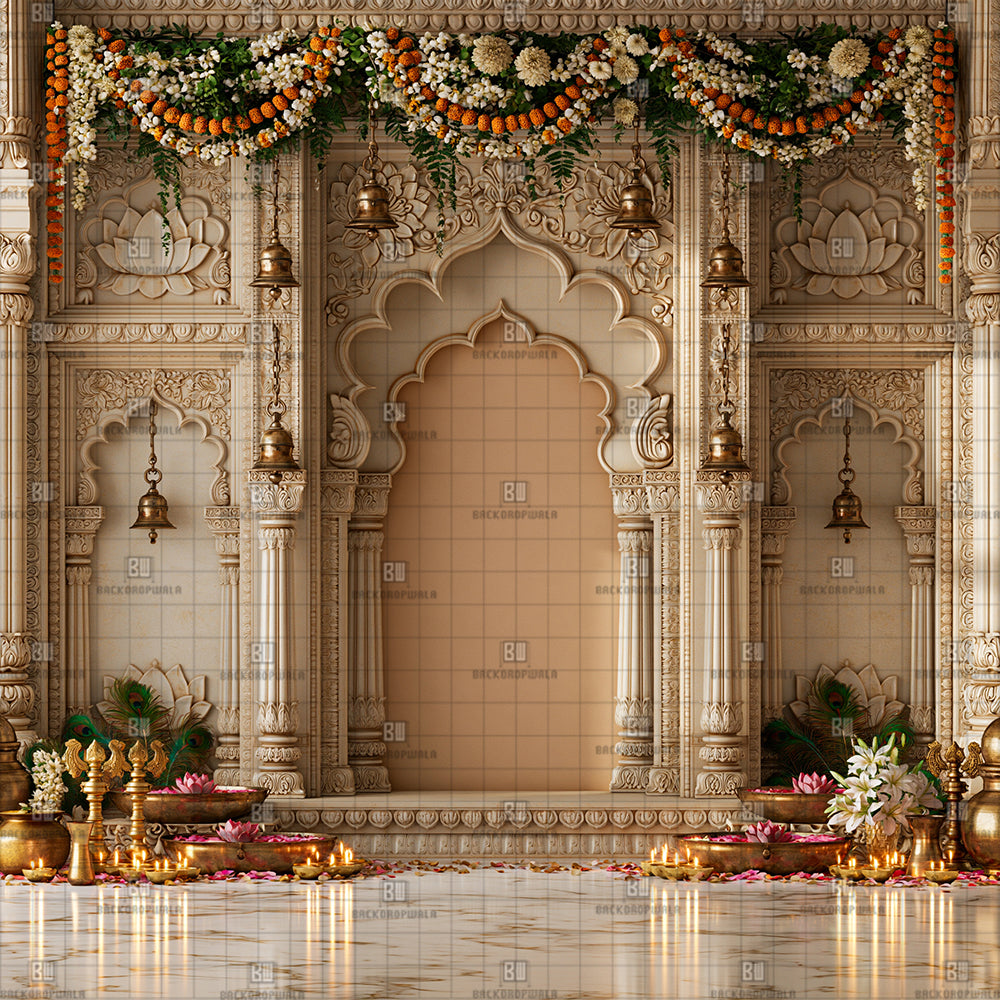 Traditional Brass Kalash Stage Ganesh Decoration Printed Backdrop