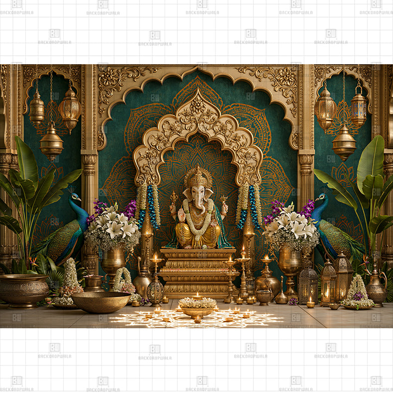 Teal and Gold Ganesha Temple Printed Baby Backdrop
