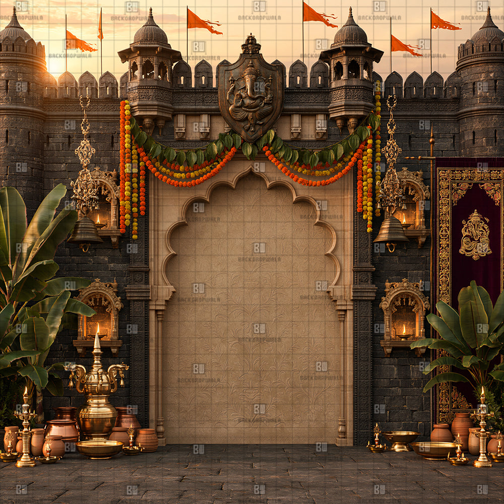 Royal Ganesha Fort Gate Ganesh Decoration Printed Backdrop