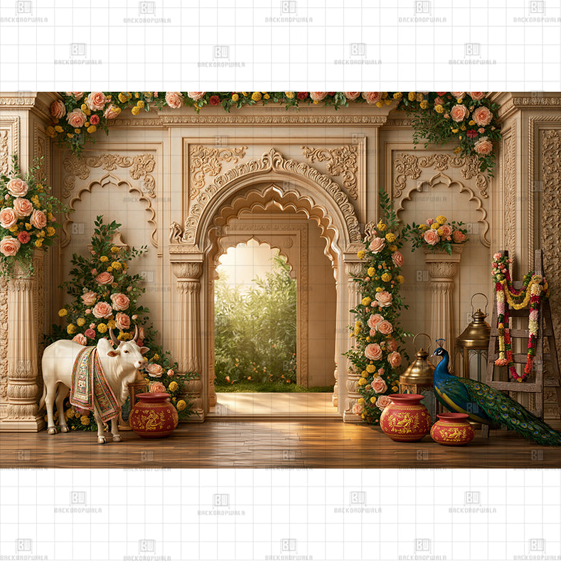 Teal Peacock Arch PRINTED BACKDROP