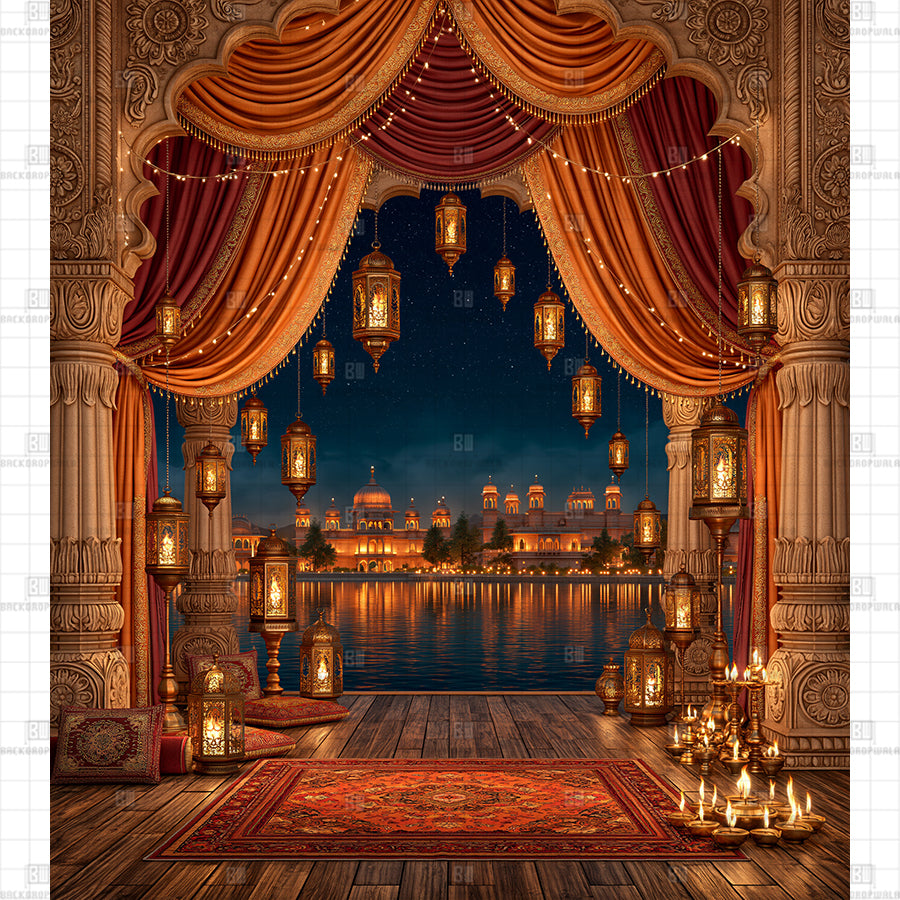 Udaipur Palace View Archway with Orange Silk Drapes Printed Diwali Decoration Backdrop