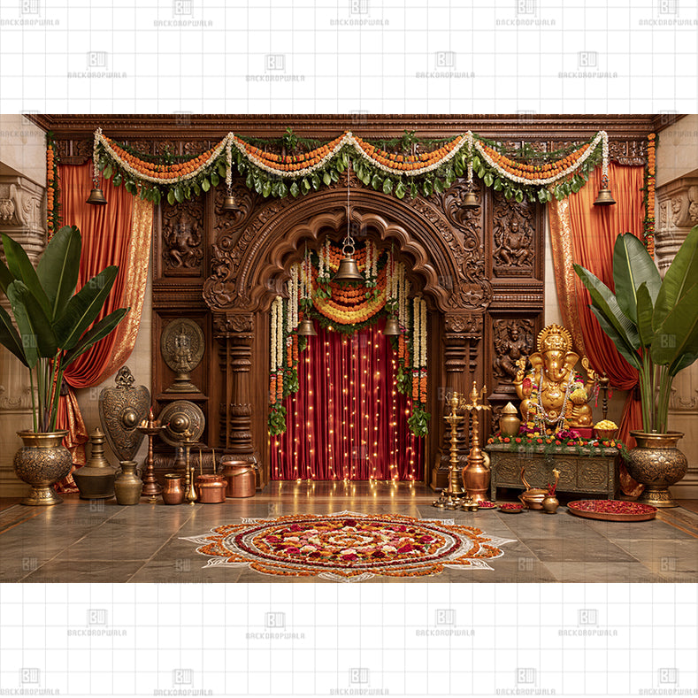 Traditional Indian Festival Ganesha Stage Printed Baby Backdrop