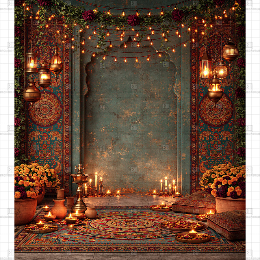 Vintage Teal Wall with Hanging Lanterns Printed Diwali Decoration Backdrop
