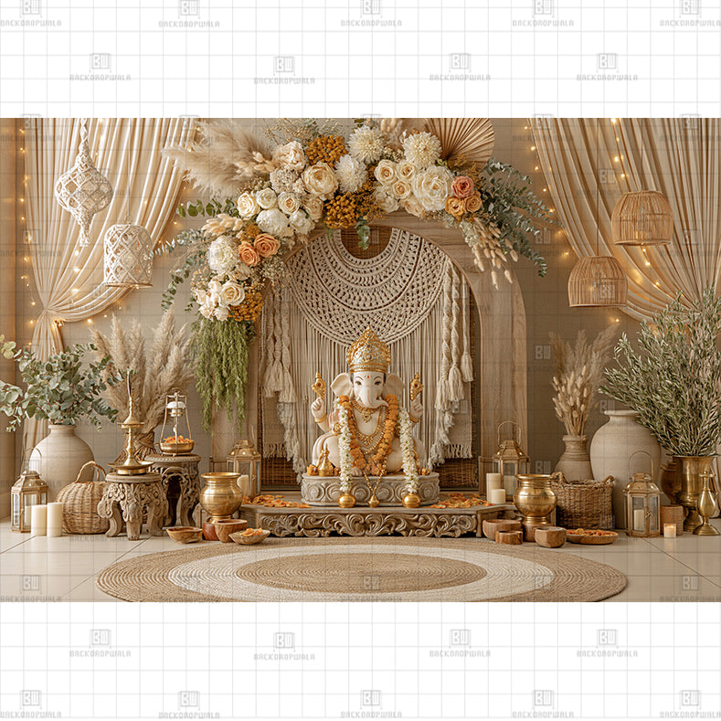 Cream Macrame Mandap Printed Baby Backdrop