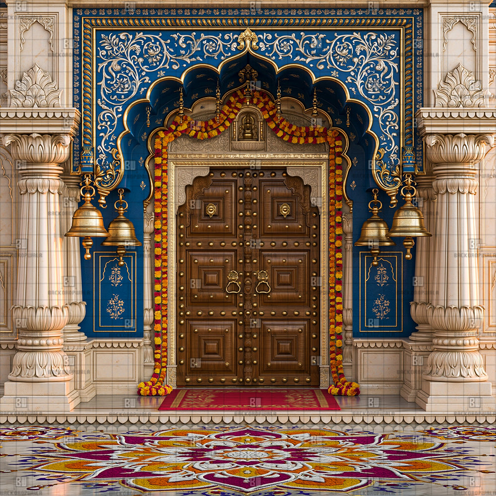 Ceremonial Rangoli & Temple Entrance Ganesh Decoration Printed Backdrop