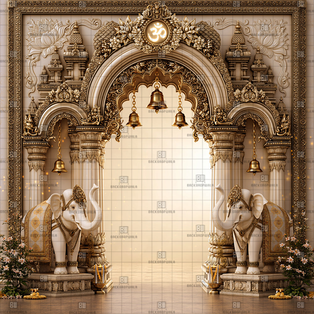 Divine Om Temple Gateway Ganesh Decoration Printed Backdrop