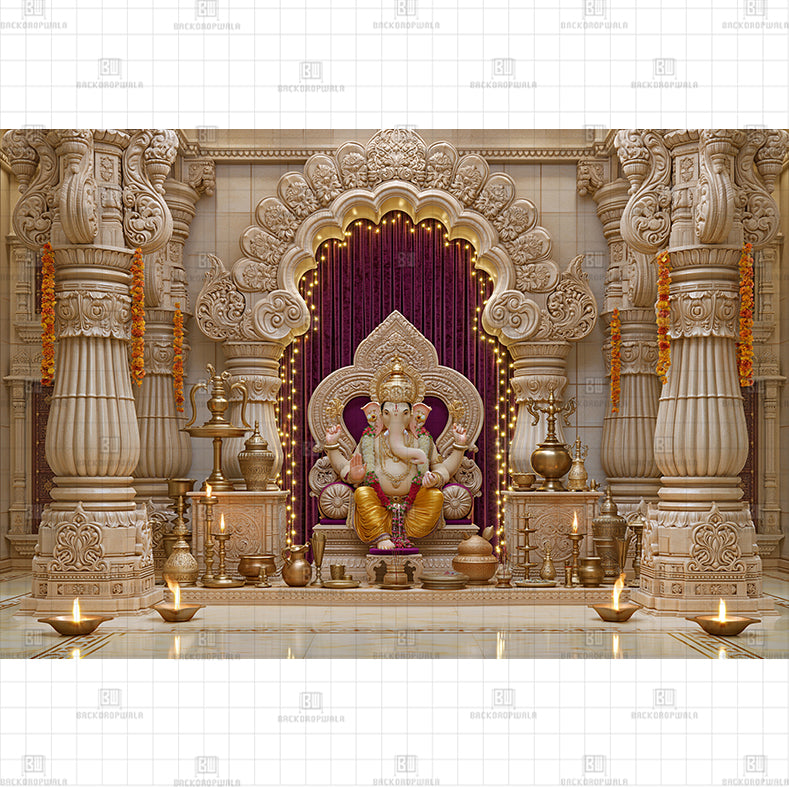 Sacred Lotus & Brass Diya Arch Printed Baby Backdrop