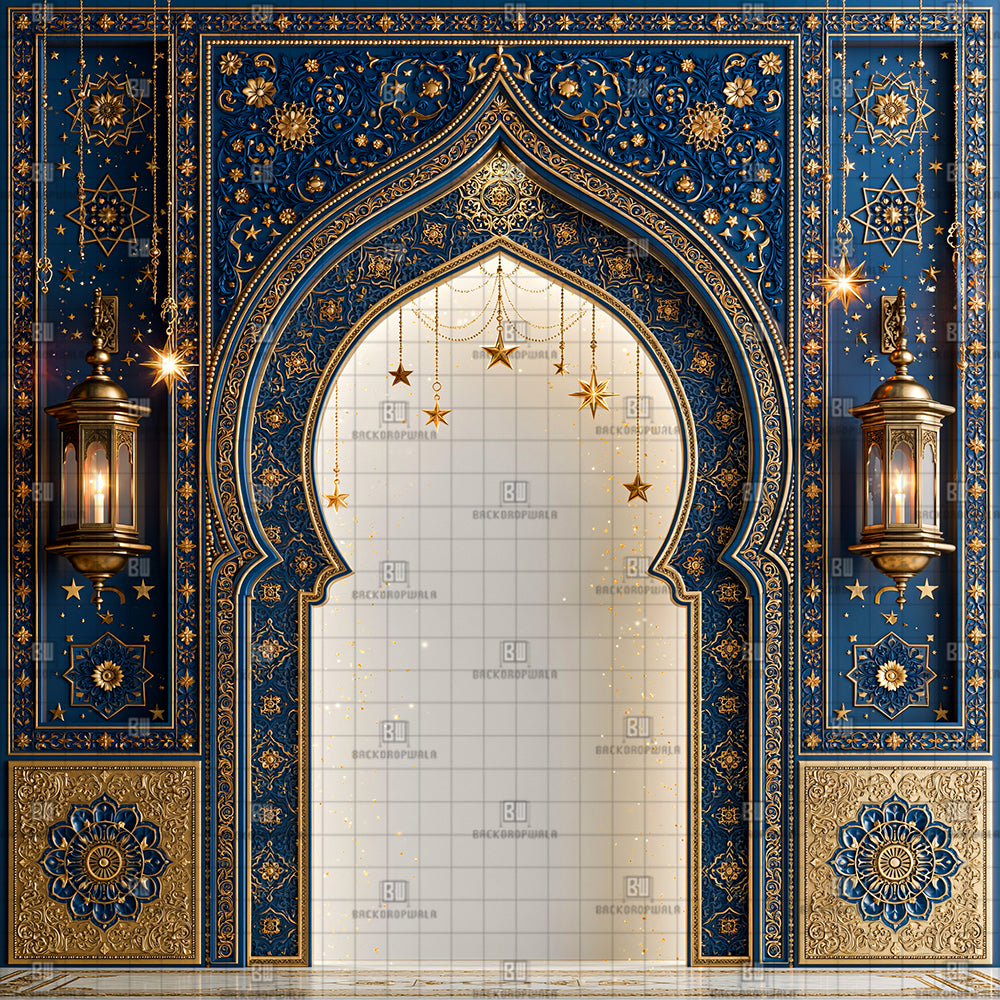 Golden Filigree Moroccan Blue Portal Ganesh Decoration Printed Backdrop