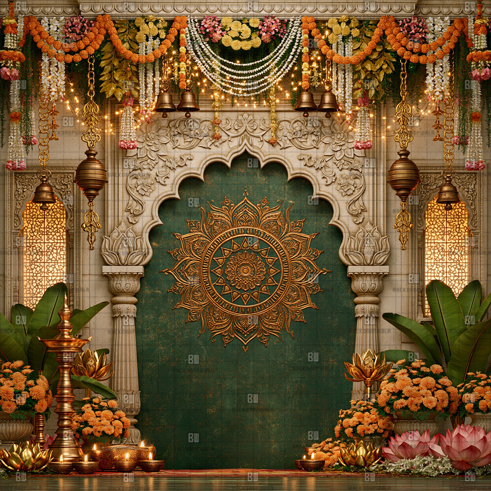 Emerald Mandala Pooja Arch Ganesh Decoration Printed Backdrop
