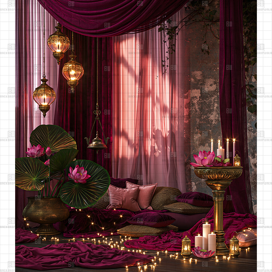 Candlelit Pink Lotus Festive Printed Diwali Decoration Backdrop