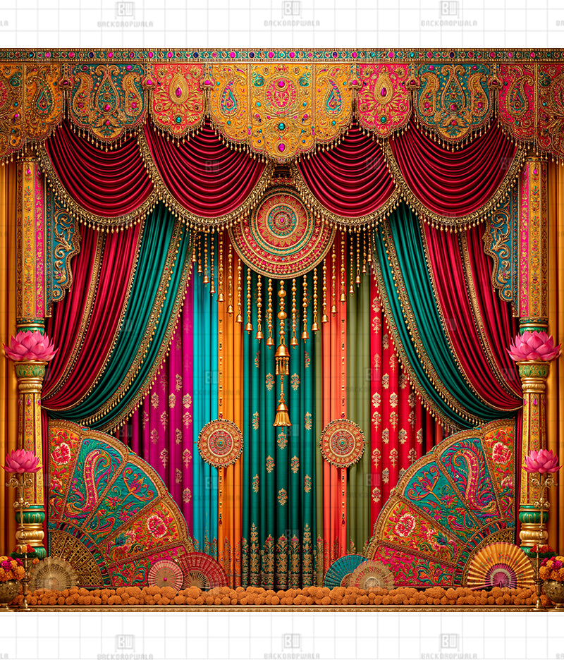 Ethnic Garba Stage Silk Curtains Printed Navratri Decoration Backdrop