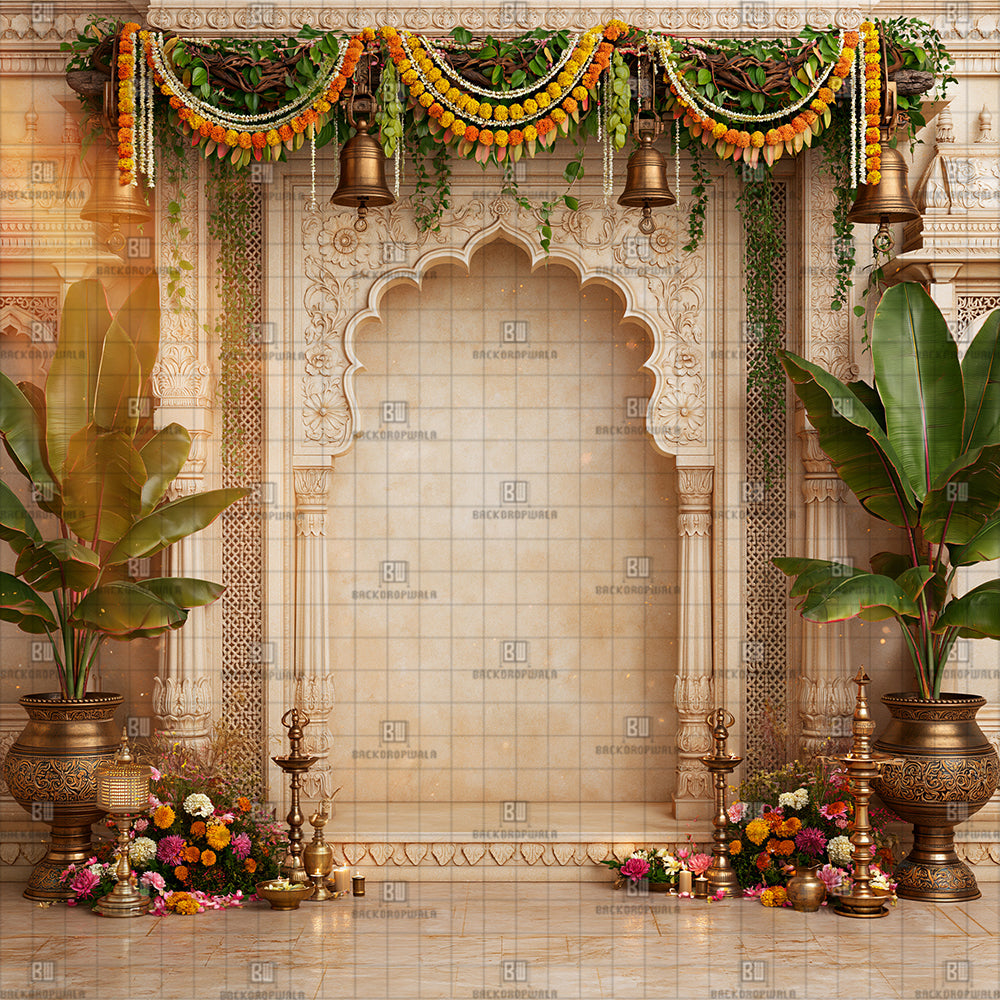 Ivory Temple Arch Ganesh Decoration Printed Backdrop