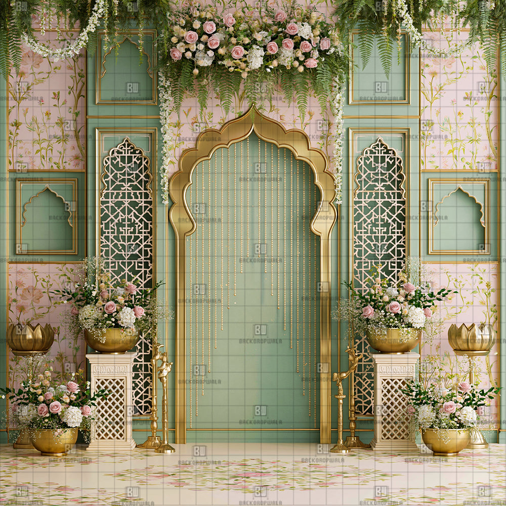 Golden Beaded Archway Ganesh Decoration Printed Backdrop