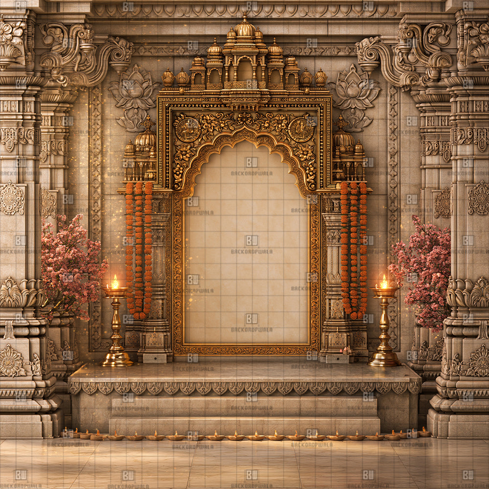 Traditional Stone Temple Arch Ganesh Decoration Printed Backdrop