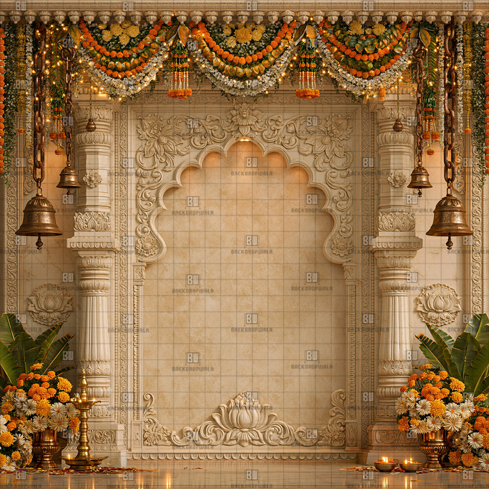 Carved Stone Temple Arch Ganesh Decoration Printed Backdrop