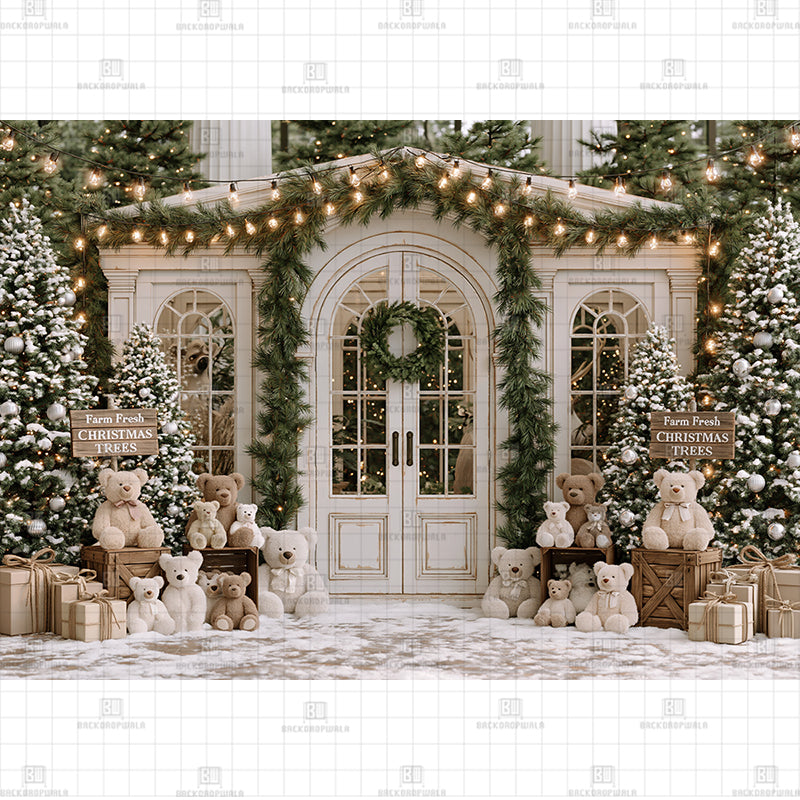 Winter Teddy Bear Cottage Christmas Printed Baby Backdrop