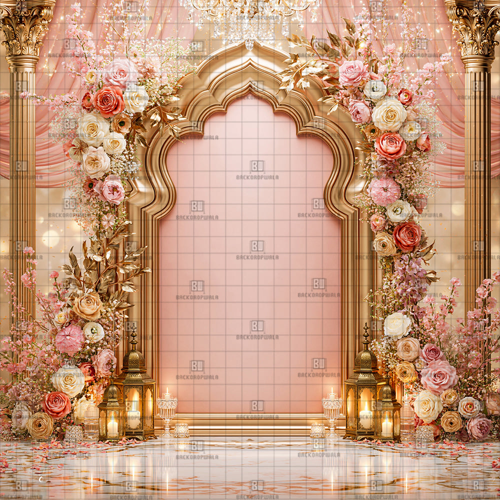 Elegant Rose Archway Ganesh Decoration Printed Backdrop