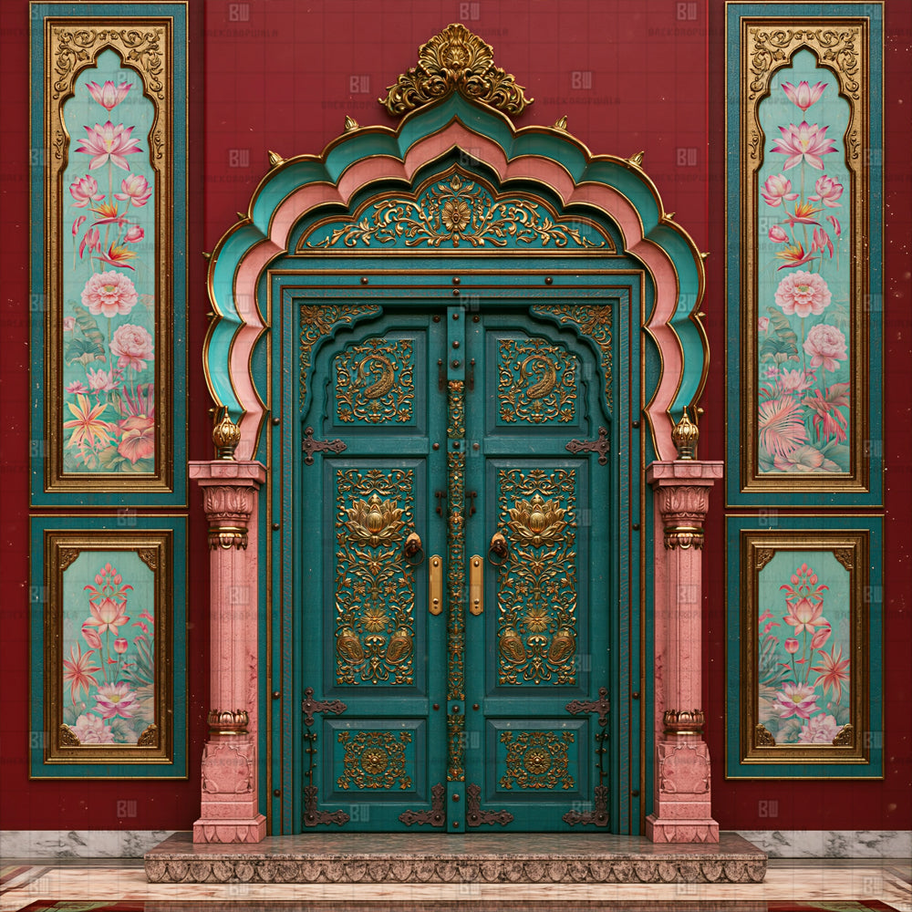 Royal Pink Rajwadi Dorrway Ganesh Decoration Printed Backdrop