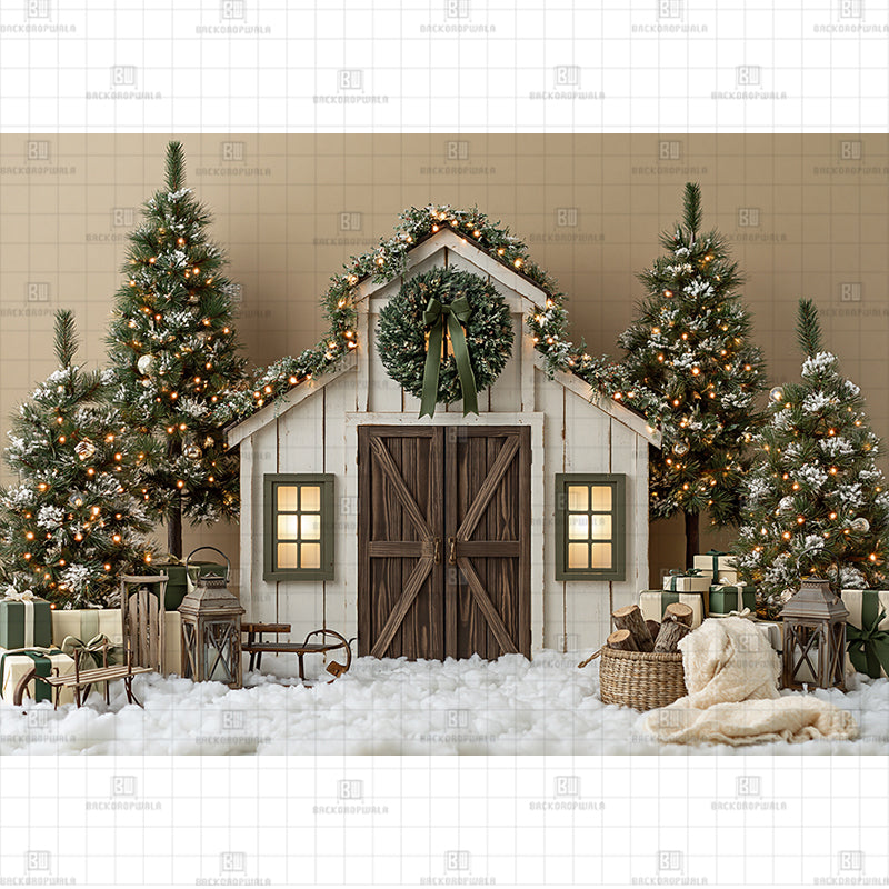 Winter Woods Barn Door Christmas Printed Baby Backdrop