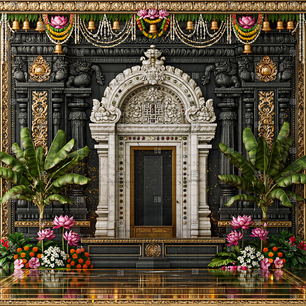 Royal South Indian Temple Ganesh Decoration Printed Backdrop