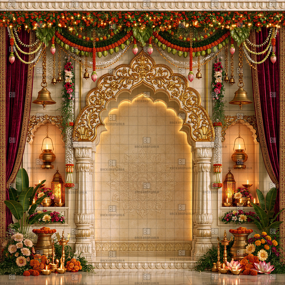 Sacred Floral Archway Ganesh Decoration Printed Backdrop