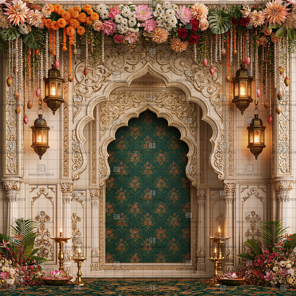 Brass Lantern Archway Ganesh Decoration Printed Backdrop