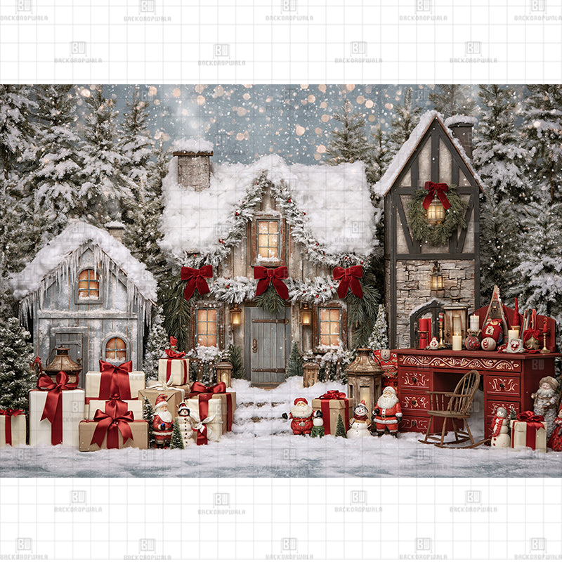 Vintage Cottage Holiday Street Christmas Printed Baby Backdrop