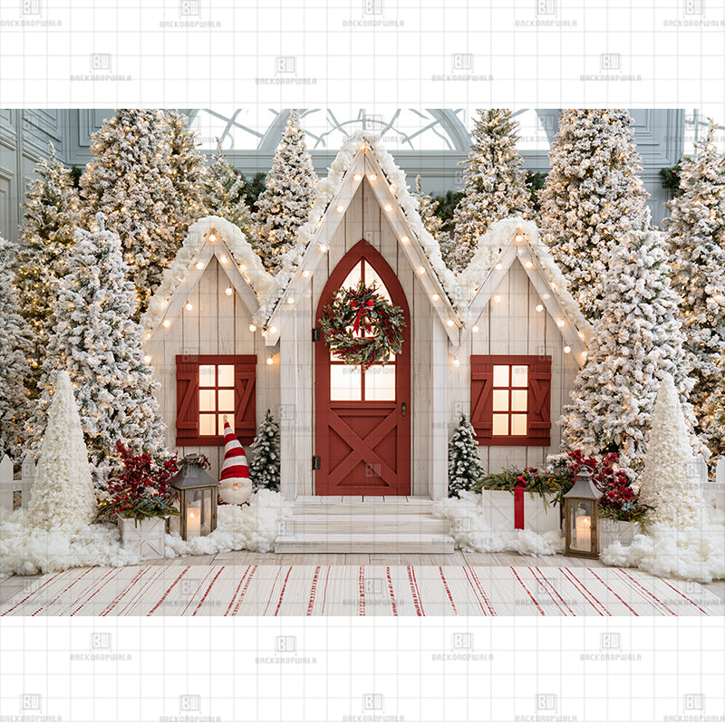 Frosted Pine Gingerbread House Christmas Printed Baby Backdrop