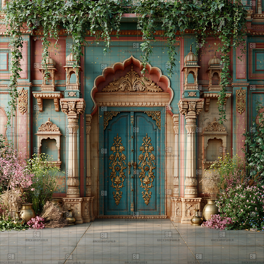 The Royal Turquoise Haveli Doorway Ganesh Decoration Printed Backdrop
