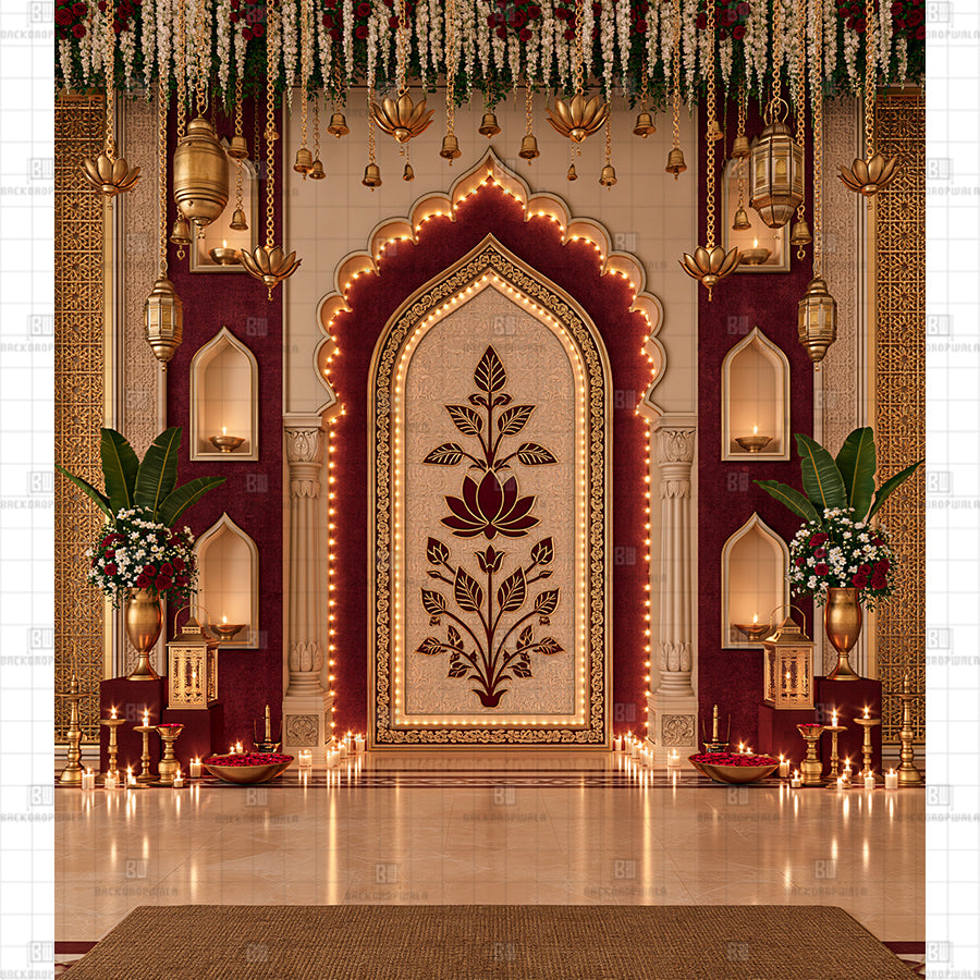Royal Crimson Floral Mandir Glow Printed Diwali Decoration Backdrop