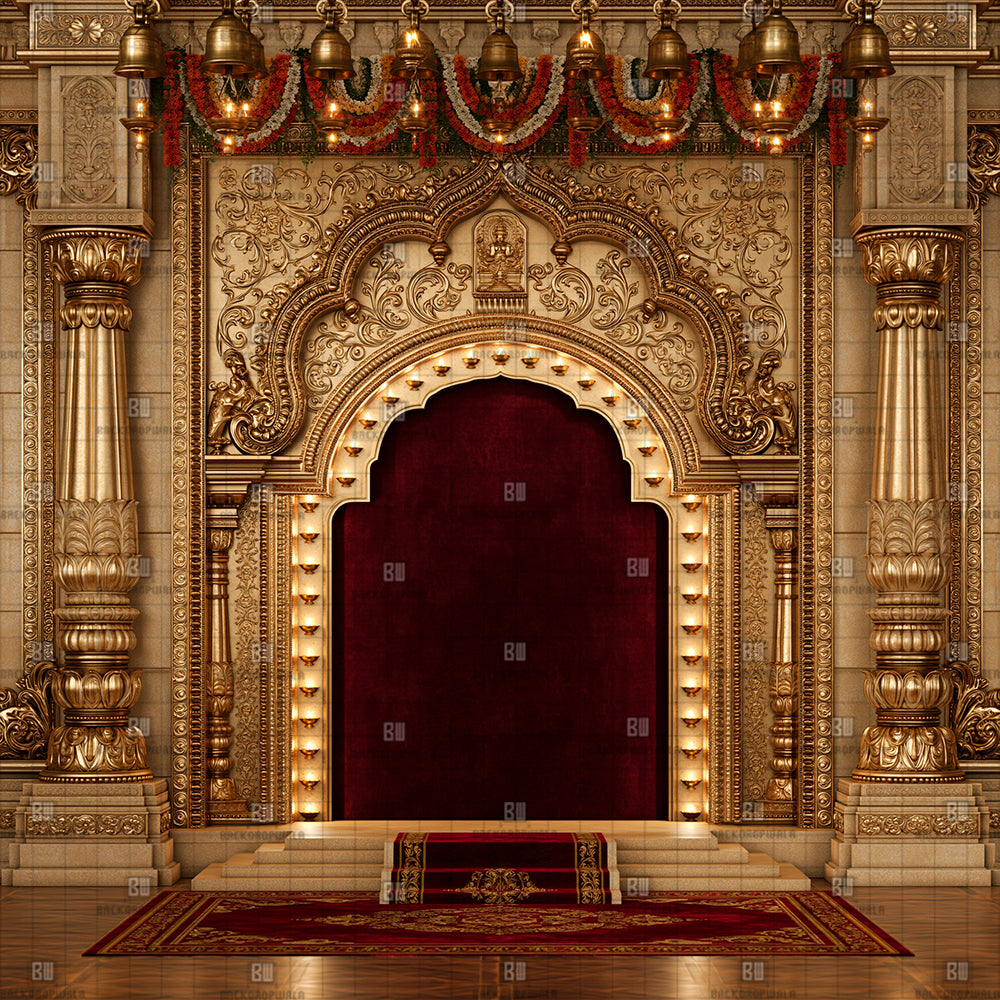 Golden Crown Arch Ganesh Decoration Printed Backdrop
