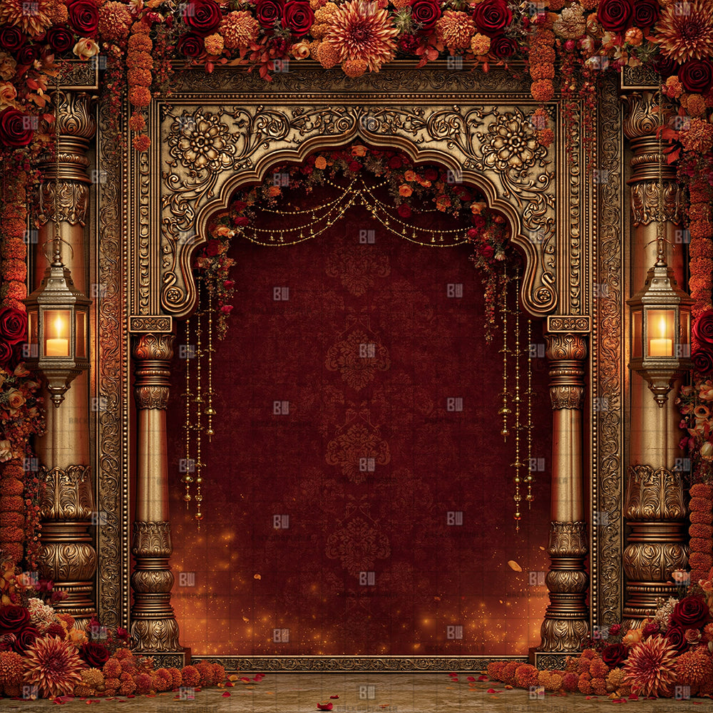 Royal Crimson Maroon Arch Ganesh Decoration Printed Backdrop