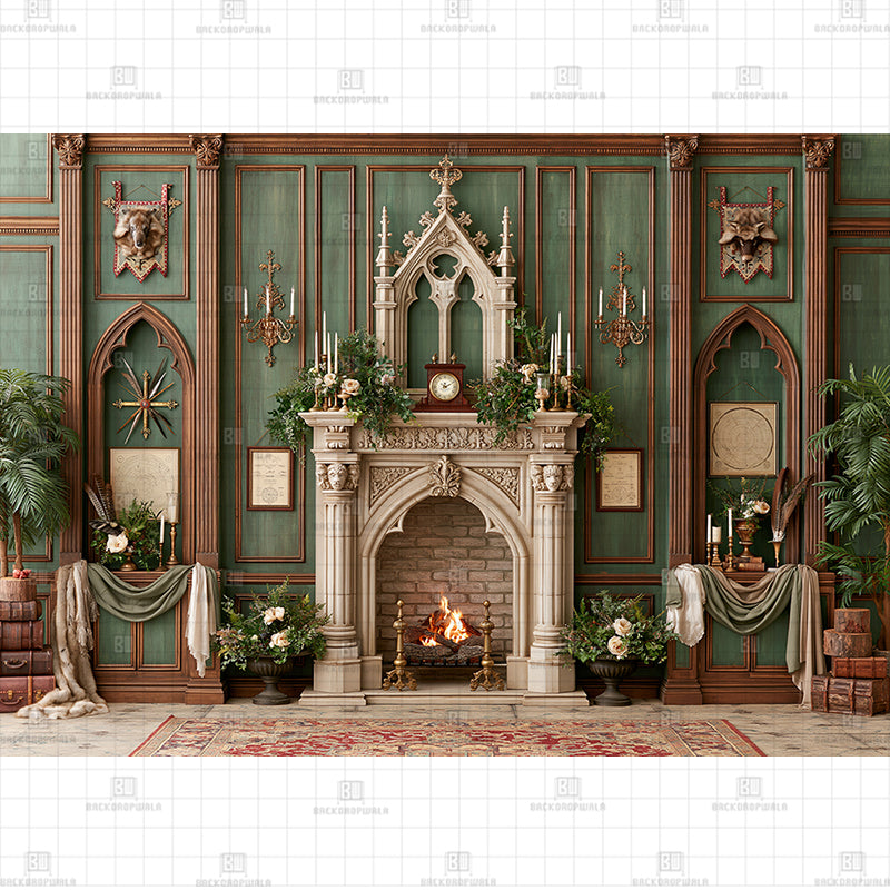 Vintage Green Castle Christmas Printed Baby Backdrop