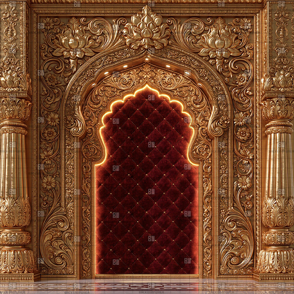 Majestic Golden Tufted Arch Ganesh Decoration Printed Backdrop