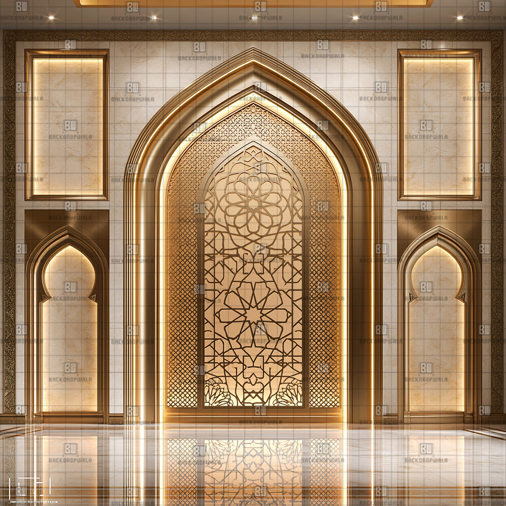 Golden Geometric Jaali Arch Ganesh Decoration Printed Backdrop