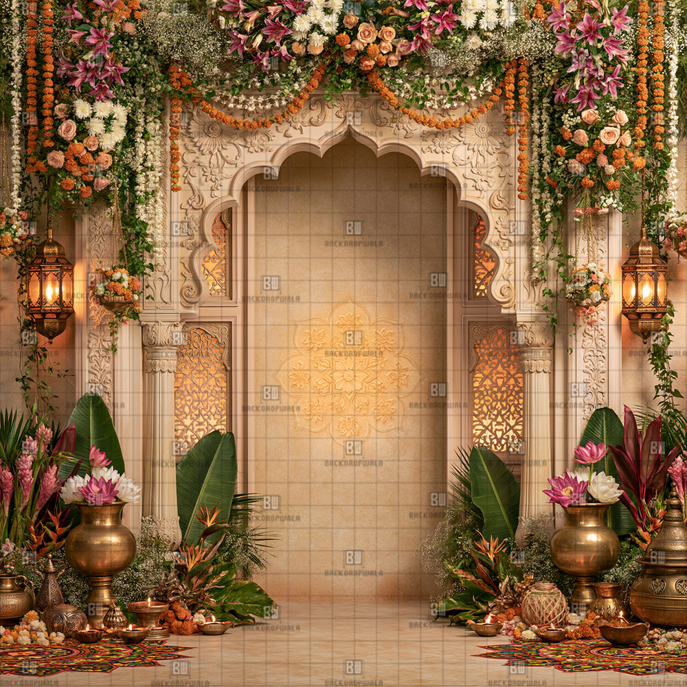 Blossoming Heritage Palace Stage Ganesh Decoration Printed Backdrop