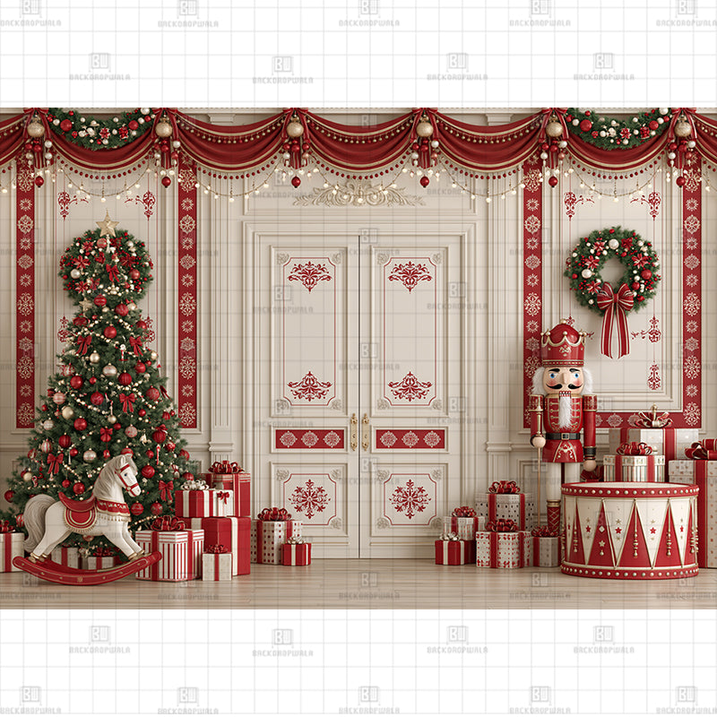 Red Drape Christmas Printed Baby Backdrop
