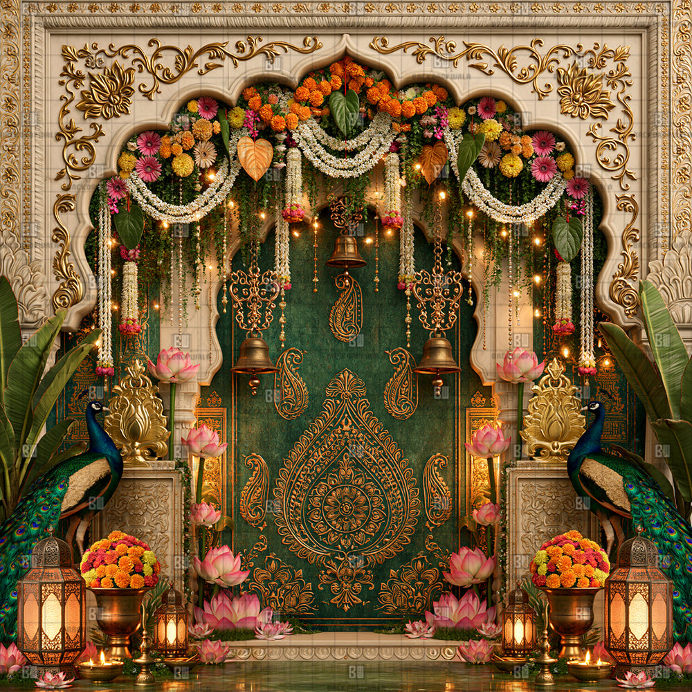 Peacock Floral Gateway Ganesh Decoration Printed Backdrop